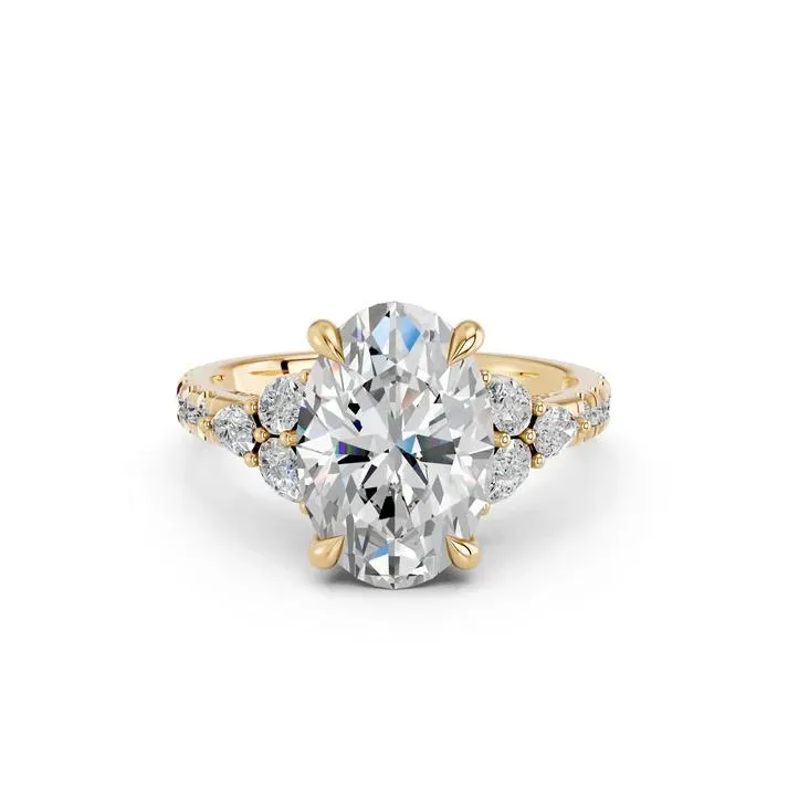 Yellow gold Oval Cut Engagement Ring With Floral Side Clusters
