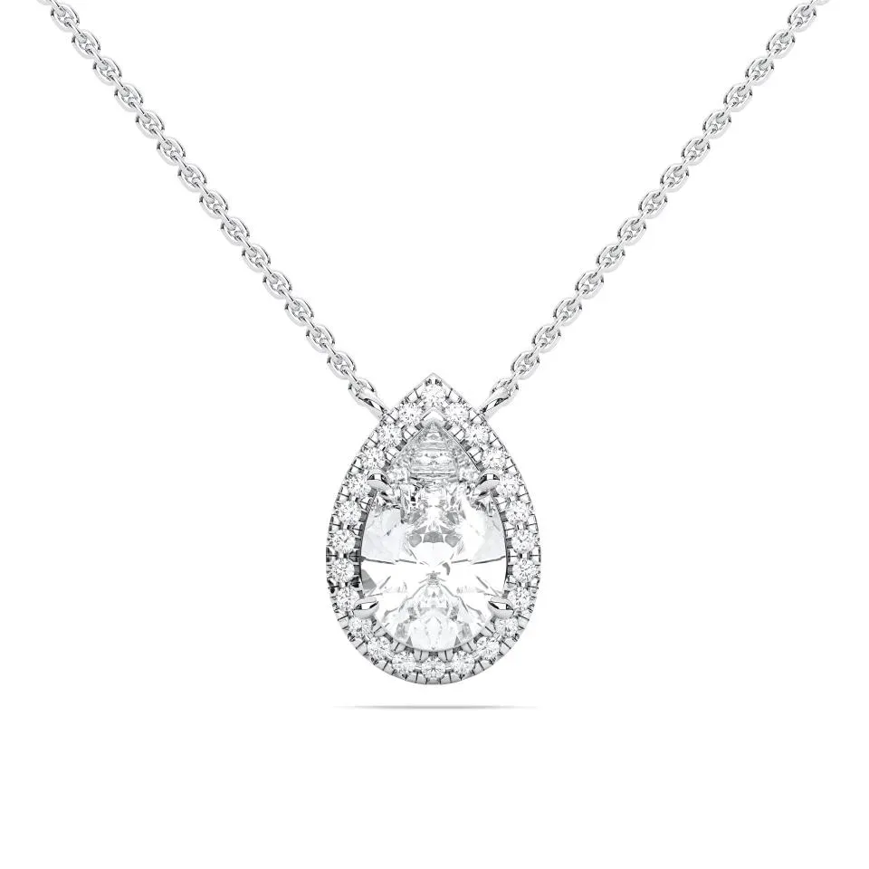 White gold Pear Cut Halo Solitaire Pendant