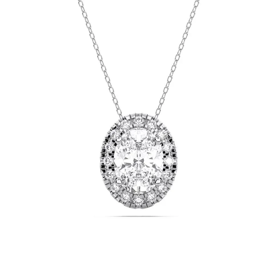 White gold Oval Cut Halo Solitaire Pendant