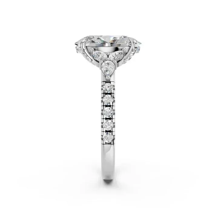 White gold Oval Cut Engagement Ring With Floral Side Clusters