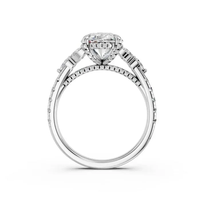 White gold Oval Cut Engagement Ring With Floral Side Clusters