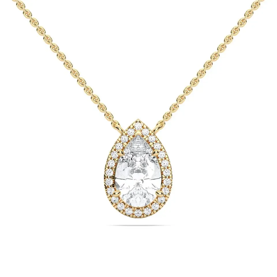 Yellow gold Pear Cut Halo Solitaire Pendant