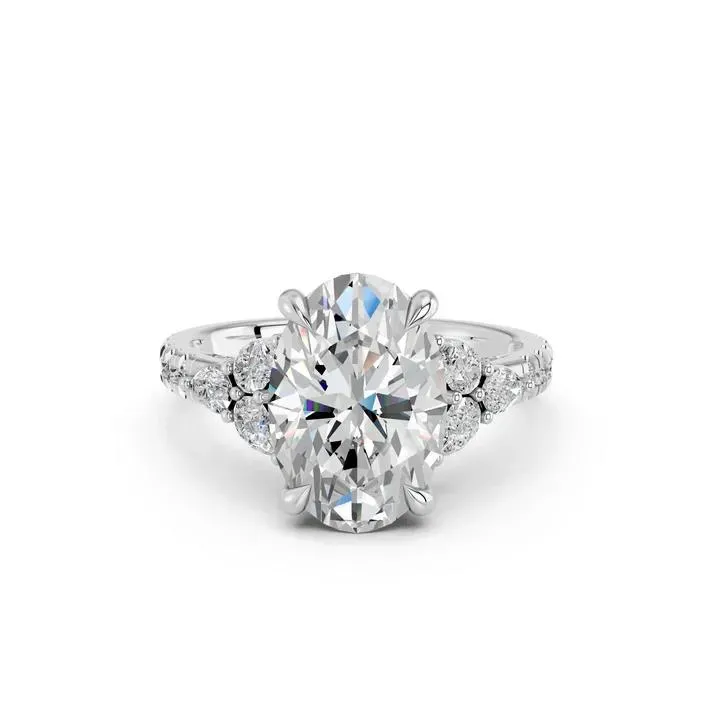 White gold Oval Cut Engagement Ring With Floral Side Clusters